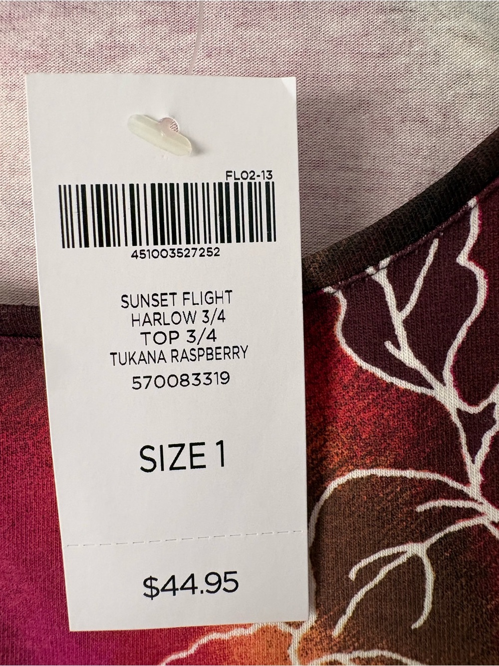 Chico's Magenta, Black & Yellow Floral Bird Long Sleeve Scoop Neck Top - Picture 2 of 8